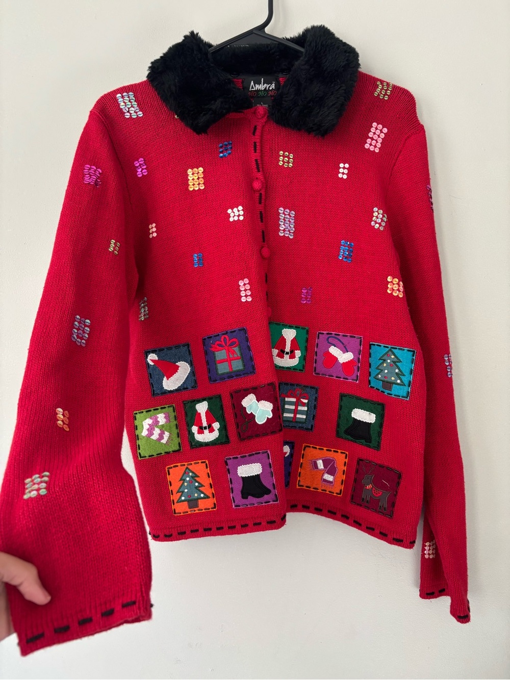 Vintage Red Holiday Retro Patchwork Black FauxFur Beaded Christmas Cardigan Larg